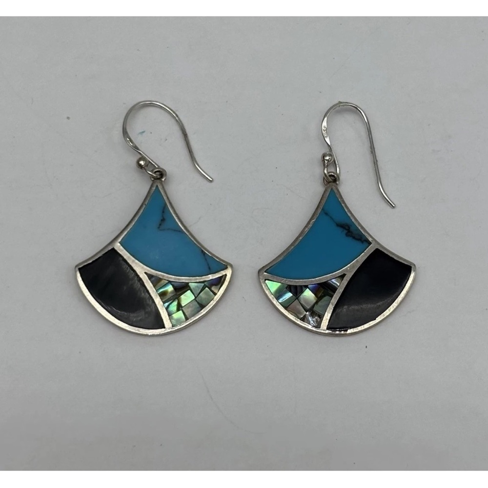 Turquoise Inlay Fan Drop Earrings - Women Jewelry Sterling silver